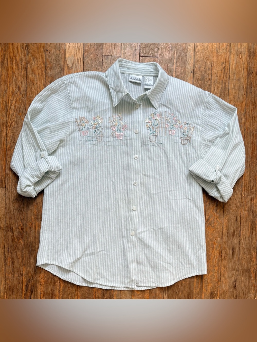 Vintage Koret Striped Button-Down Shirt w/ Floral Embroidery
